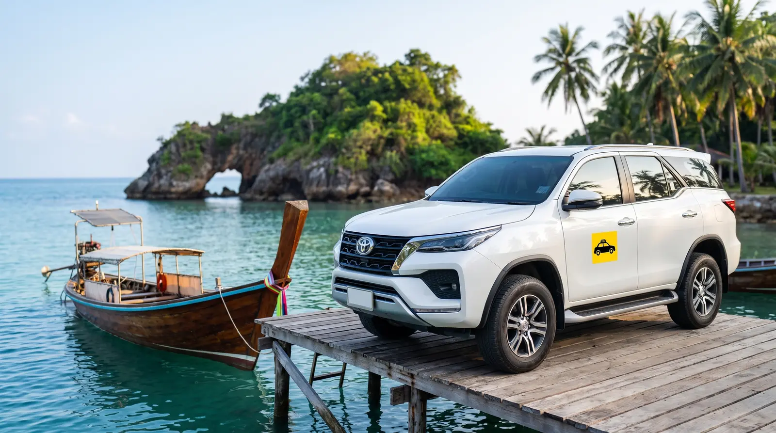 Private transfer from Hua Hin parked by the sea at Bang Saphan, near the Koh Talu boat pier
